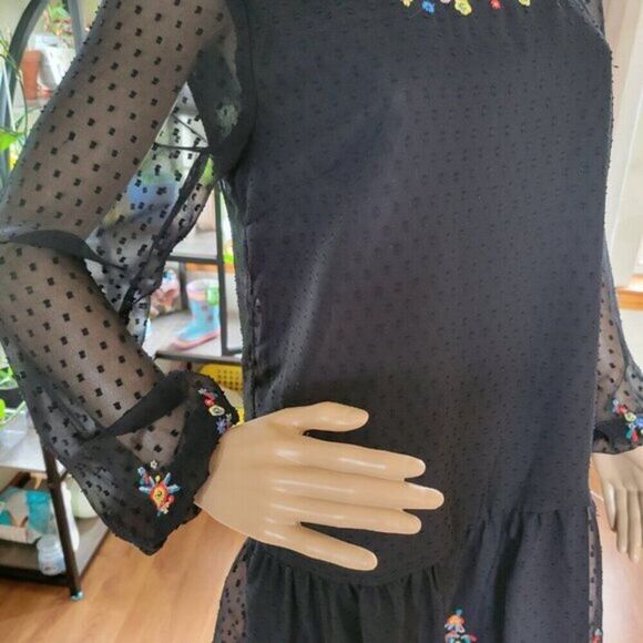 Japna Dress Black Embroidered Floral lined Med. chiffon Whimsigoth BOHO festival - Picture 5 of 15